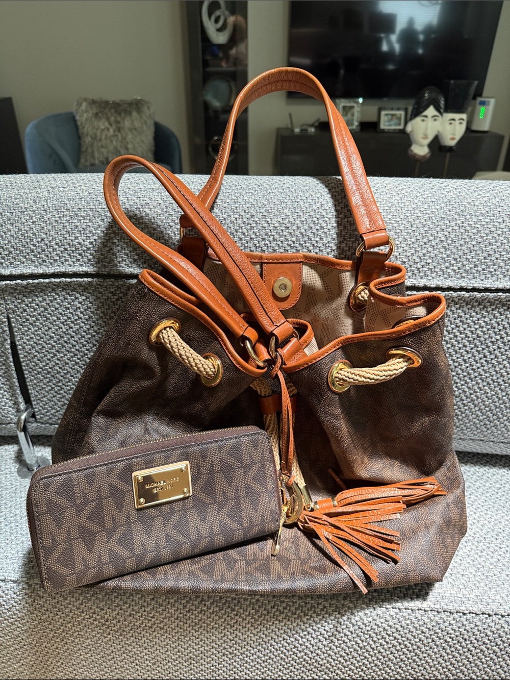 Michael Kors Brown and Tan Drawstring Shoulder Tote with Tassel